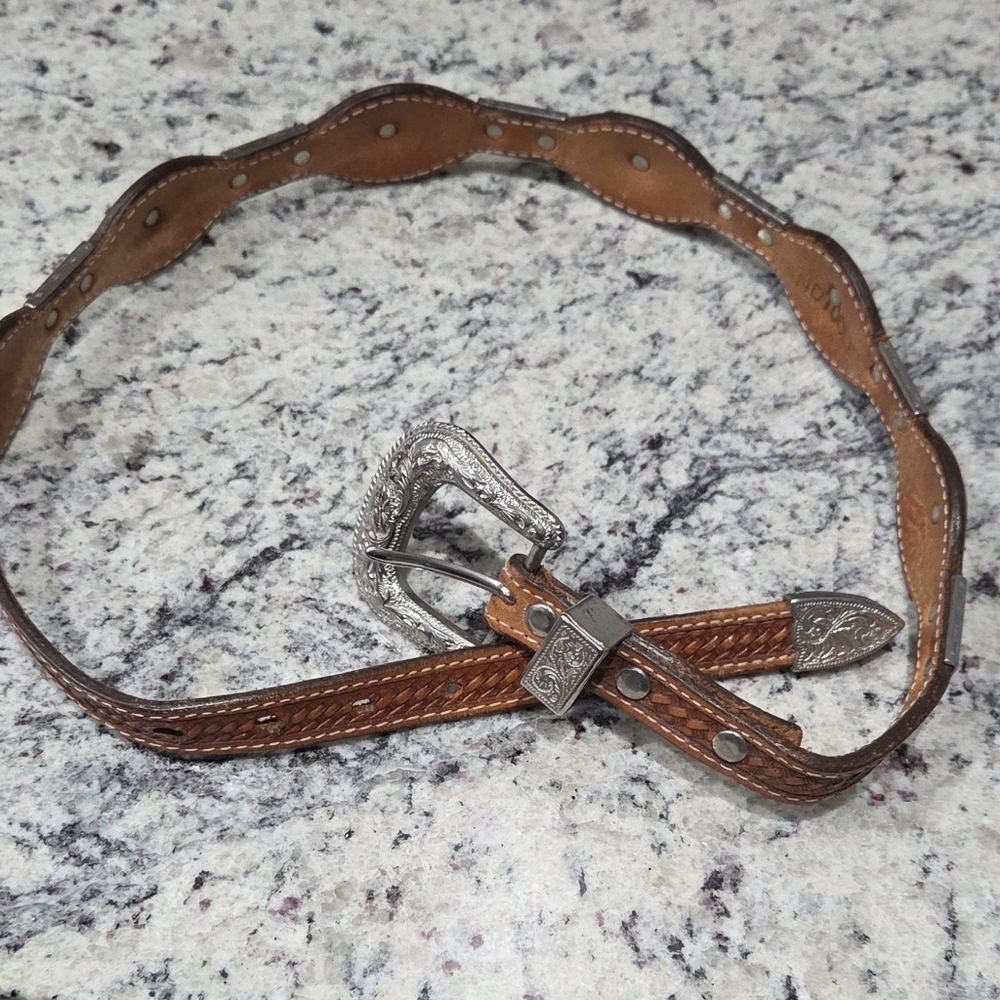 Western Leather Belt Hand Tooled Silver Buckle Conchos Made in USA 32" Unisex - Picture 2 of 8